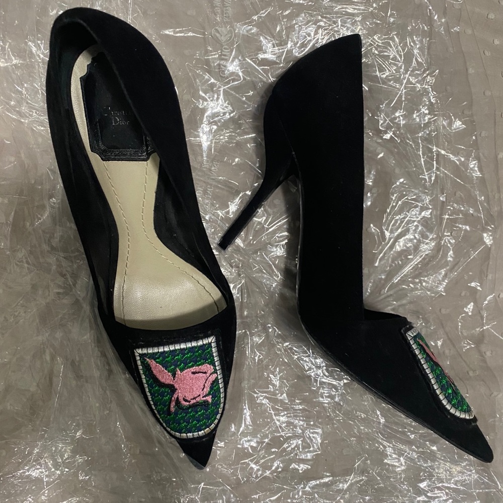 Christian Dior Suede Pumps with Rose Emblem